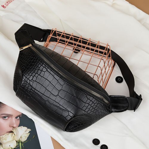 Chain Fanny Pack Banana Waist Bag Brand Belt Bag Women Waist Pack PU Leather Chest Bag Belly Bag Woman Bag: crocodile black
