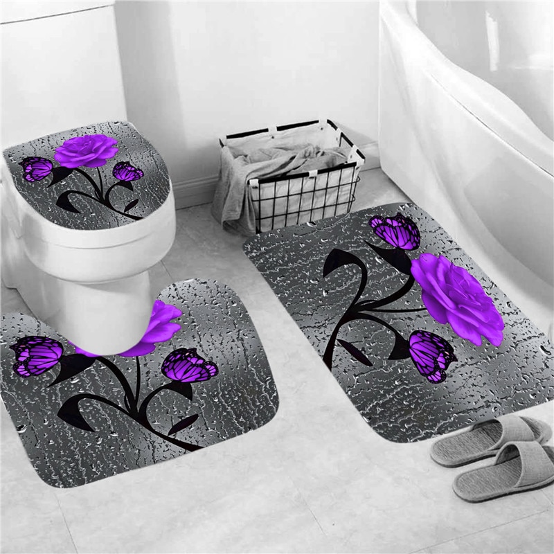 Rideau de Douche 3D Imperméable à Imprimé Rose en Polyester, Accessoires Disponibles en 5 Couleurs, Ensemble de Moquette de Décoration et Tapis de Bain Antidérapant pour toilette et Maison: 3PC Mat Set-D