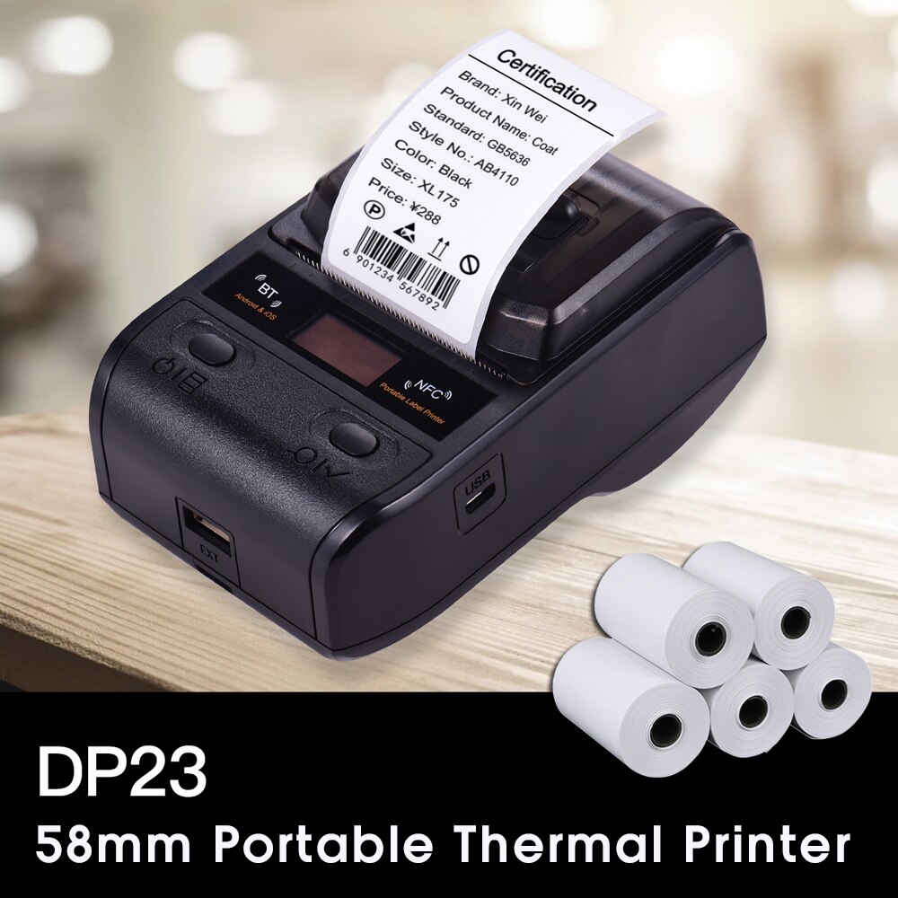DP23 Mini Portable Thermal Printer Wireless Receipt Printer 58mm Ink-free USB NFC Bluetooth Label Printer For Windows Android PC