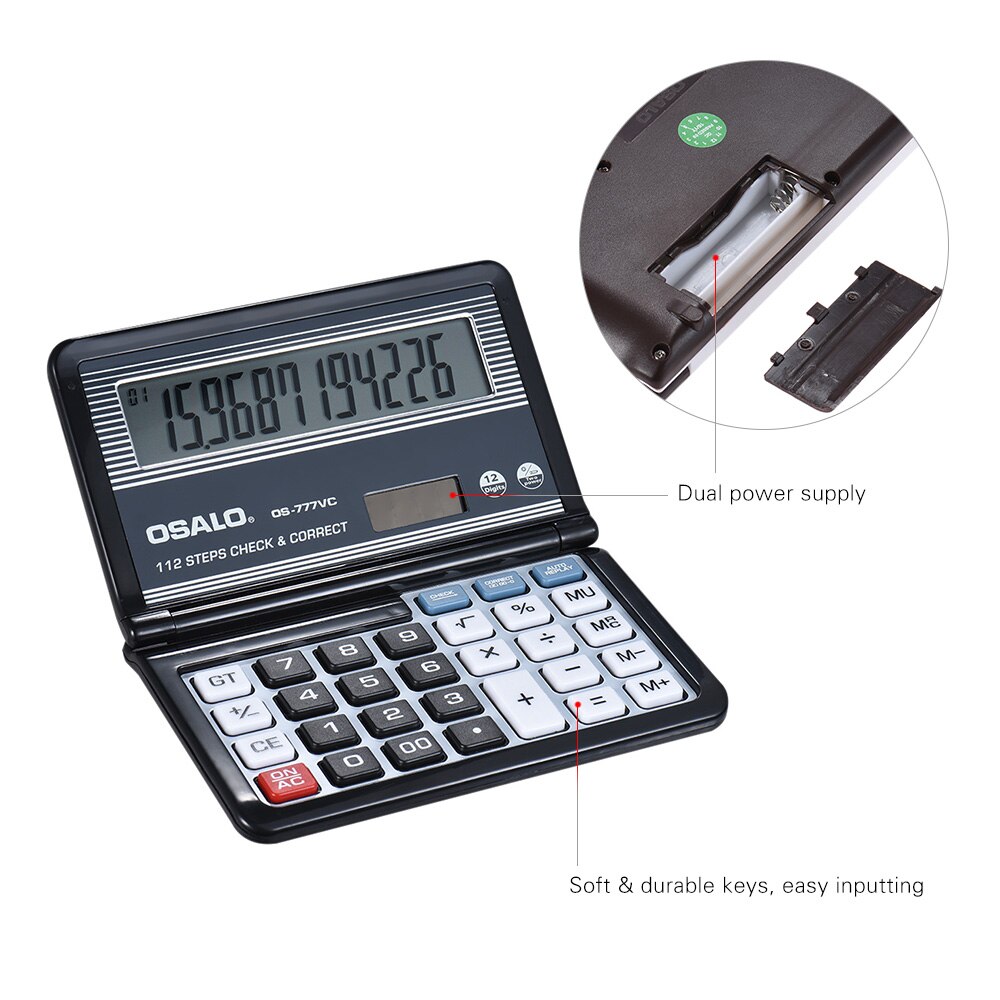Folding Desktop Electronic Calculator 12 Digits 112 Steps Check &amp; Correct Battery &amp; Solar Dual Powered Larger Display