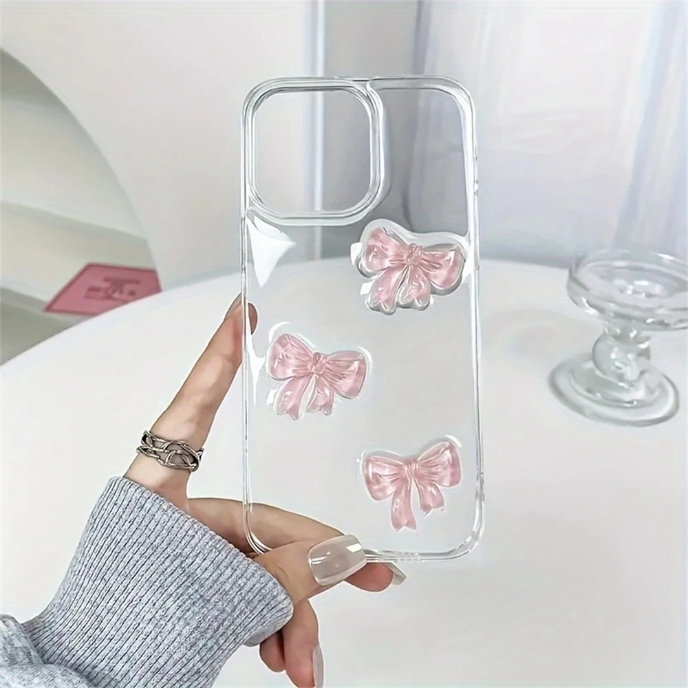 Bonita funda de teléfono con lazo rosa 3D para iPhone 16 Pro Max 15 14 13 12 11 Pro 7 8 Plus X XS XR SE2, carcasa epoxi para chica, funda suave transparente