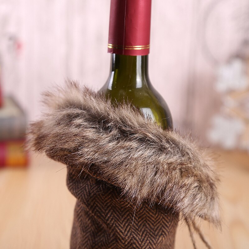 17*24Cm Linen Wine Bottle Covers With Fur Champagne Bottle Covers For Year Christmas Party Event Table Ornaments