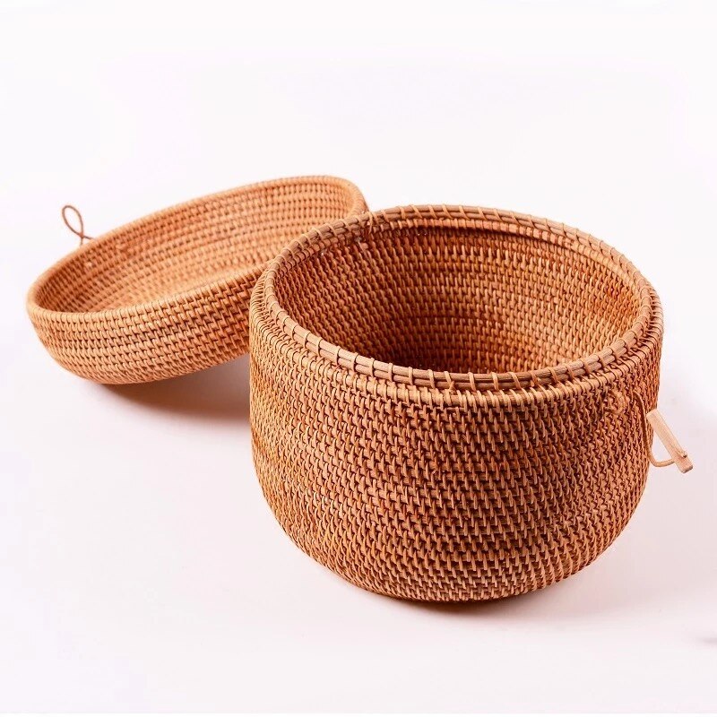 Rattan storage box with lid round shape handmade jewelry boxes organizer Vietnam Rattan weaving tin for puerh tea food best