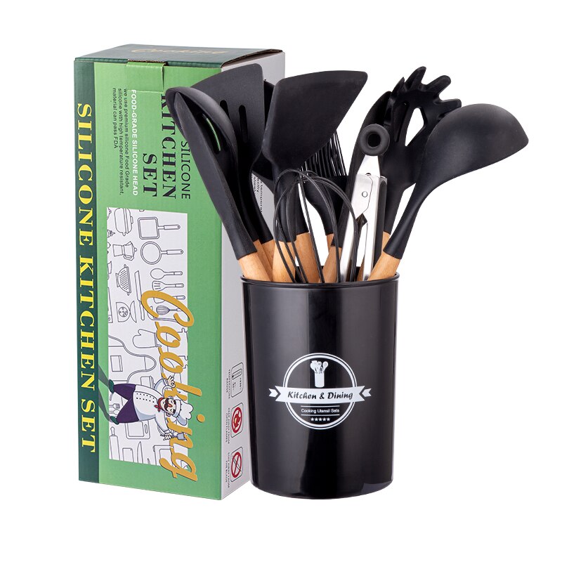 12Piece Silicone Cooking Kitchen Utensils Set Nylon Utensils Stainless Steel Cooking Utensil Set: Black
