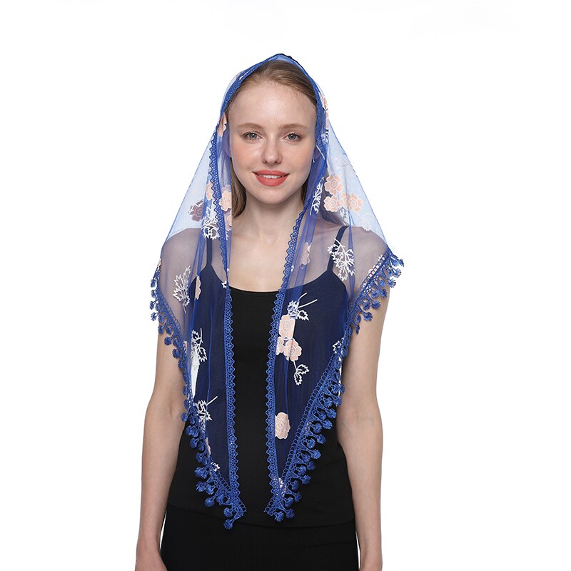 Lenço feminino triangular xale de renda para igreja, véu transparente bordado espanhol de renda para igrejam: 2