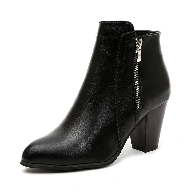 Return Women Ankle Boots PU leather Boots High heel 8cm Ladies shoes Side Zipper Short Boots for Women Shoes ship43: black / 11