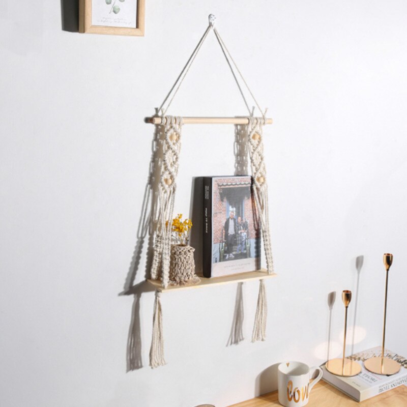 Bougeoir mural en bois en macramé, 1 pièce, décoration de maison Boho, tissage fait à la main, porte-bougie mural en bois, stockage flottant, SW