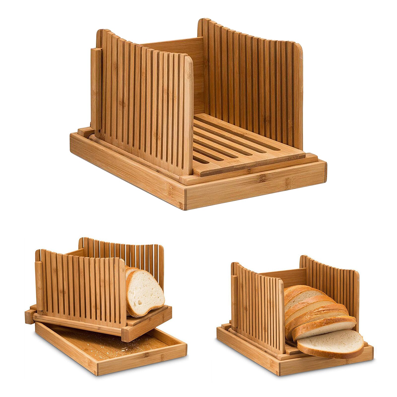 Bamboo Bread Slicer W/ Crumb Catcher Serving Tray Foldable for Easy Storage Wooden Bread Cutting Board Crumb Catcher Holder
