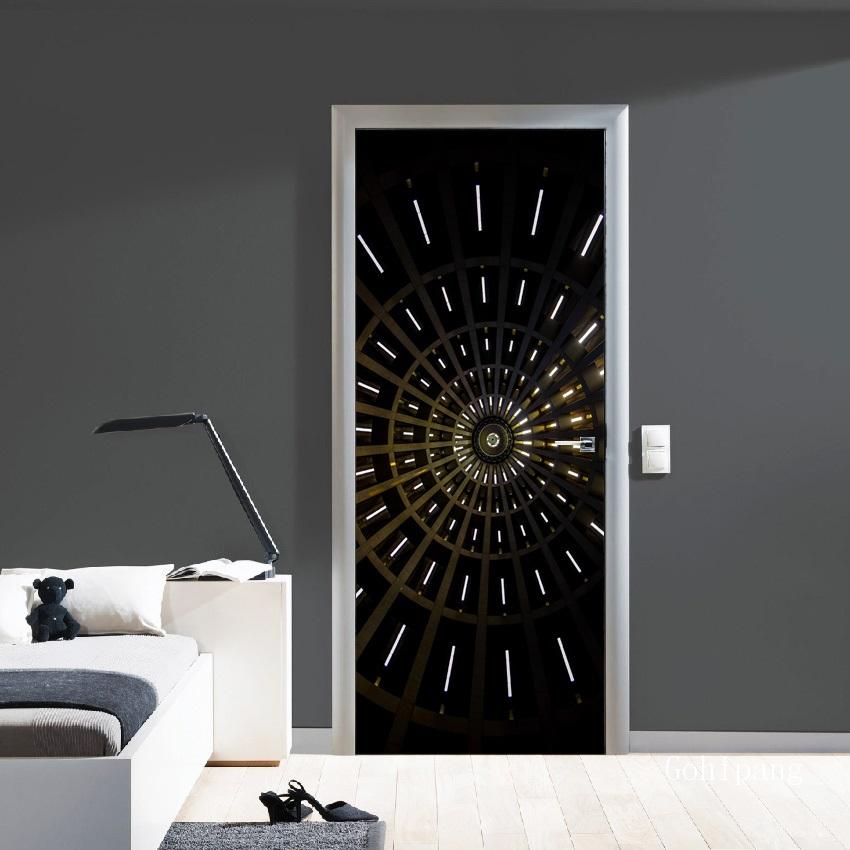 Abstract Style 3D Geometric Door Sticker DIY Renovation Mural Waterproof Print Picture Home Decor Renovation Poster PVC Sticker: Orange / 77x200cm