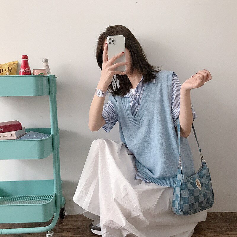 Vrouwen Denim Hobos Handtassen Eenvoudige Plaid Dames Schouder Onderarm Zakken Kleine Draagbare Vrouwelijke Portemonnees Telefoon Pouch