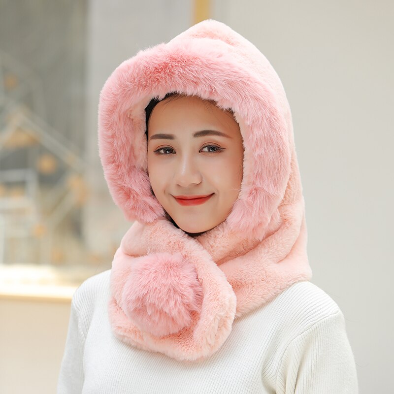 Zimowe grube czapki bombowiec ciepłe futra kobiety moda bombowiec kapelusze odkryty rosyjski czapka śniegowa czapki kask narciarski: różowy