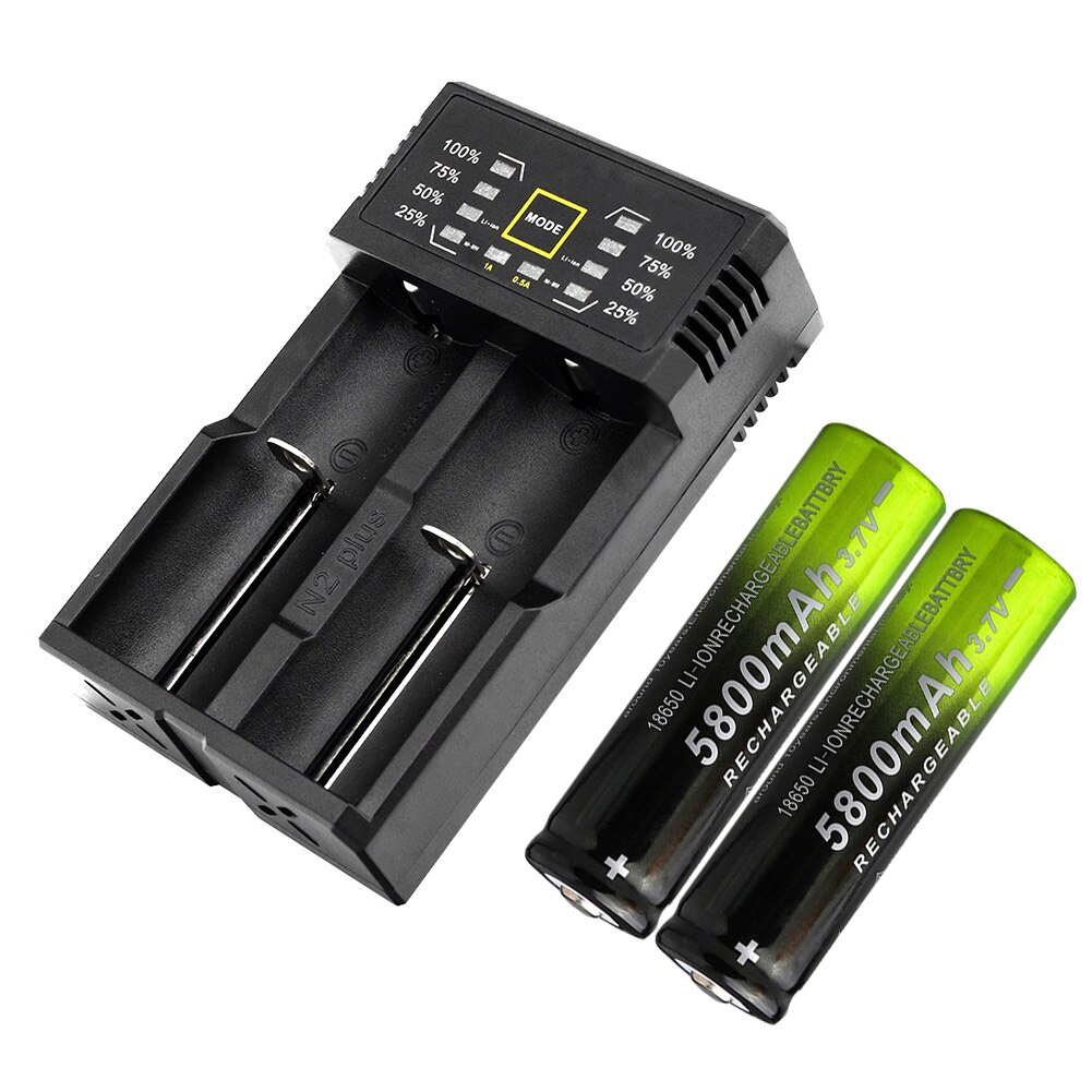 2pcs 18650 Rechargeable Battery 5800mAh 3.7V Lithium ion batteries For 4.2v Flashlight Battery+EU Plug Dual Battery Charger