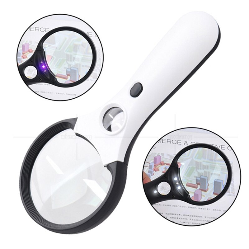 Handheld Magnifying Glass with 3 LED Light &amp; 1 UV Light 3X 45X Illuminated Magnify Lens for Seniors Reading Book Macular