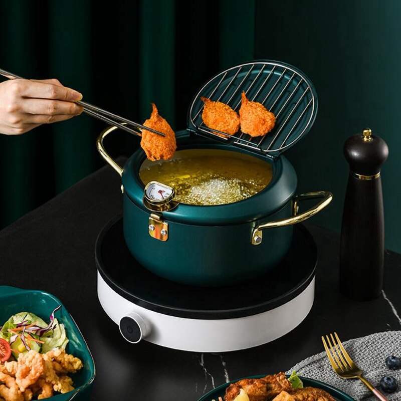 Olla para freír con tapa y termómetro, olla antiadherente de acero inoxidable para freír patatas fritas