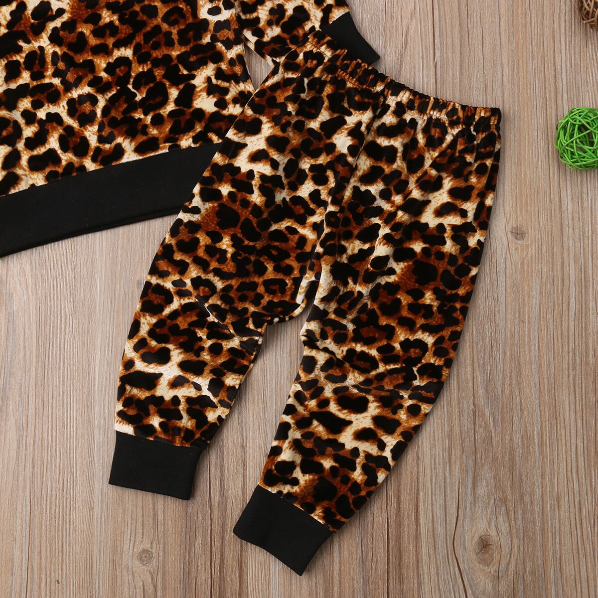 Toddler børn sport leopard tøj sæt baby piger fløjl top sweatshirt bukser tøj tøj