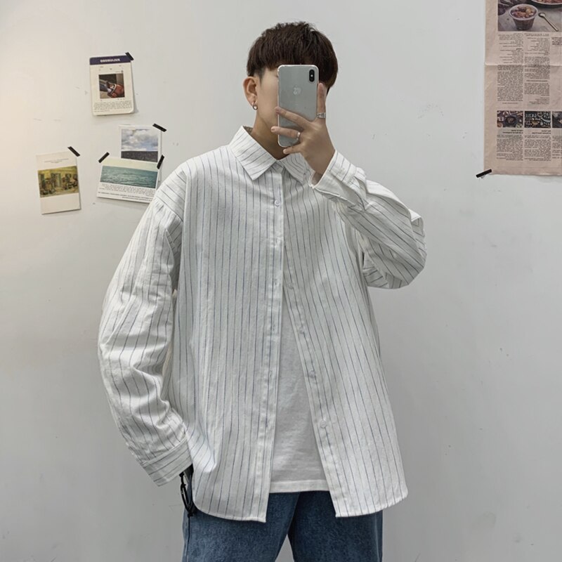 saferido Stripe Long Sleeve Shirt Japanese Streetwear High Quality Shirts Spring Autumn Harajuku Casual Coat Korean Clothes Men Clothing
