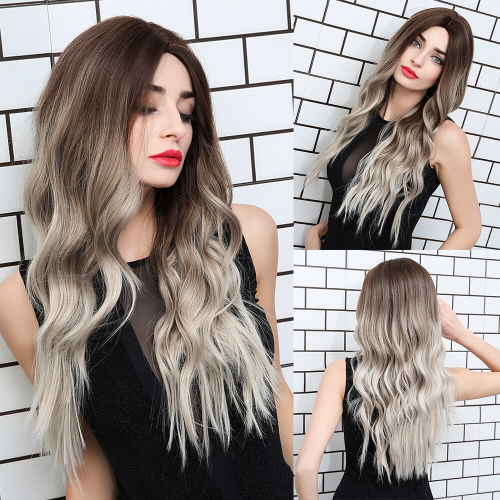 JONRENAU Synthetic Dark Brown Long Wavy Hair Wigs with Side Bangs Heat Resistant Fiber Wigs for White Black Women: lc179-5