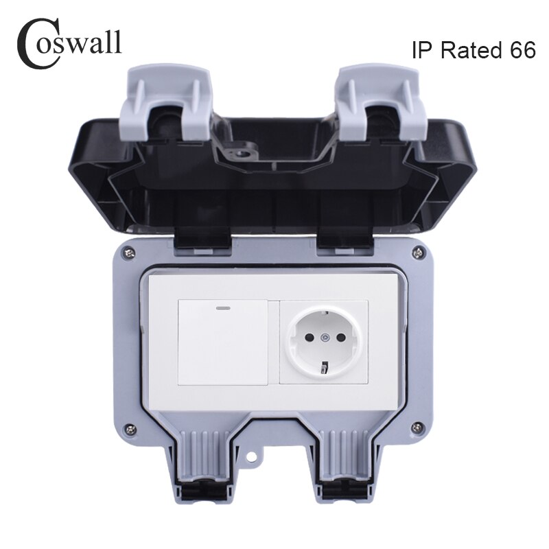 Coswall IP66 Weatherproof Waterproof Outdoor Wall Power Socket 16A EU Standard Outlet With 1 Gang 1 Way On / Off Light Switch: BOX With socket W