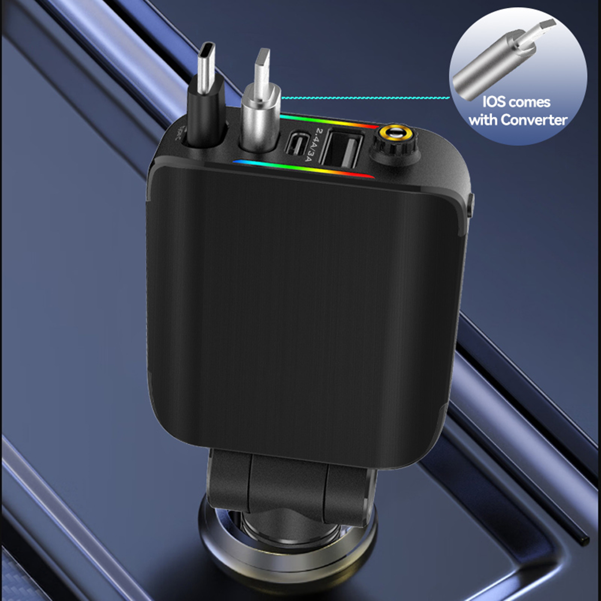 4-in-1 autolader snel opladen 120 W USB Type-C intrekbare kabel 180 ° Roterend met LED-omgevingslicht: Default Title
