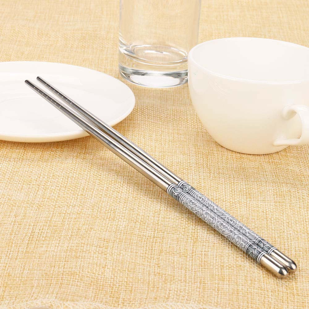 1 paar Eetstokjes Chinese Natuurlijke Lengte Witte Bloem Patroon Roestvrij Staal Eetstokjes Draagbare Chop Sticks