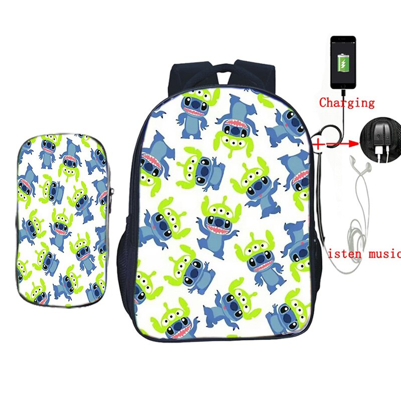 USB Opladen Rugzak Jongens Meisjes Stitch Gedrukt Rugzak Schooltassen met Etui 2 stks/set Casual Reizen Shouler Rugzak: 10