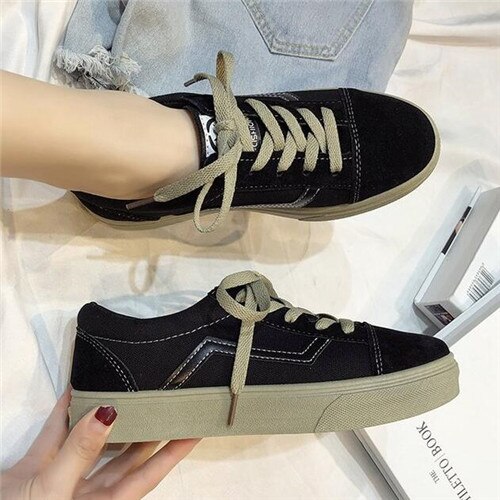 Lente Vrouwen Vulcaniseer Schoenen Mode Wilde Licht Canvas Platte Schoenen Dames Casual Low Lace-Up Sneakers: Black green / 37