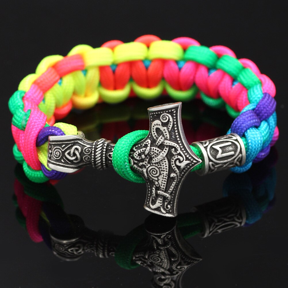 Youe Glänzte Nordischen Viking Thor Mjolnir Hammer Paracord Amuletceltic Rune Knoten Amulett Skandinavischen Licht Regenbogen Armband: M