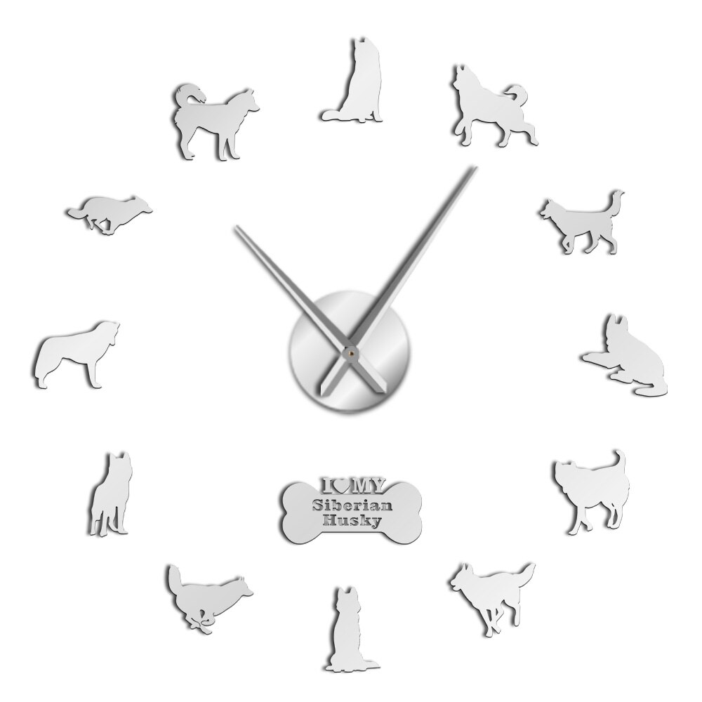 Siberian husky ryska hundras diy stor väggklocka sibirskiy haski självhäftande klistermärke diy jätte väggkonst heminredning klocka: Silver- / 47 tum