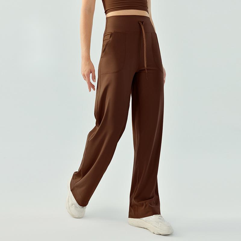 Frauen Hohe Taille Kordelzug Yoga Hosen Lose Breite Bein Einfarbig Fitness Laufen Sport Hosen frau kleidung: XL / Brown