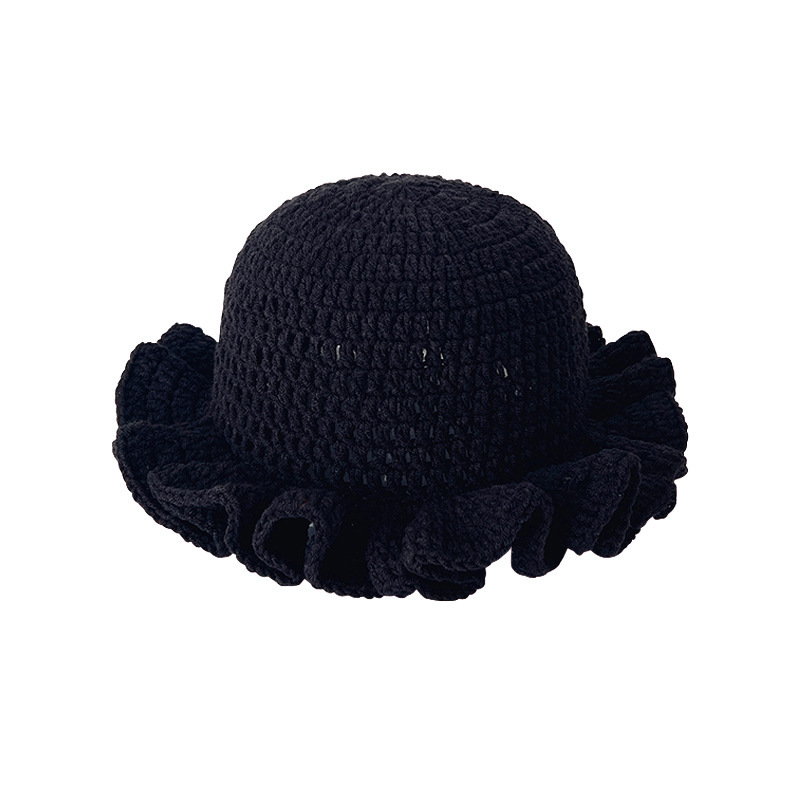 Colorful Crochet Ruffle Brim Knit Bucket Hats Winter Woman Handmade Stretch Fisherman Cap Outdoor Warm Windproof Beanie Hat: SKY BLUE