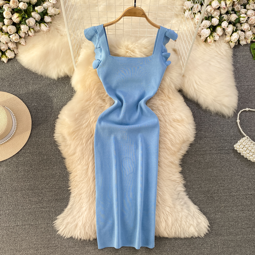 REALEFT Summer Women's Knitted Strapless Dresses Knitwear Sheath Bodycon Wrap Red Sexy Dress Female: Blue