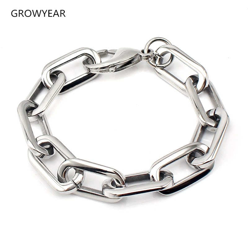 Pulsera de cadena de eslabones unisex, brazalete grueso de acero inoxidable redondeado, rectangular, color plateado, joyería de , cierre de langosta