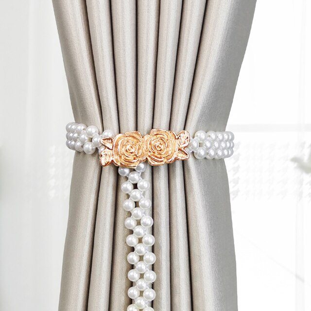 Pearl Adjustable Curtain Tieback Elastic Holder Hook Buckle Clip Pretty And Polyester Decorative Home Accessorie: Gold-Flower