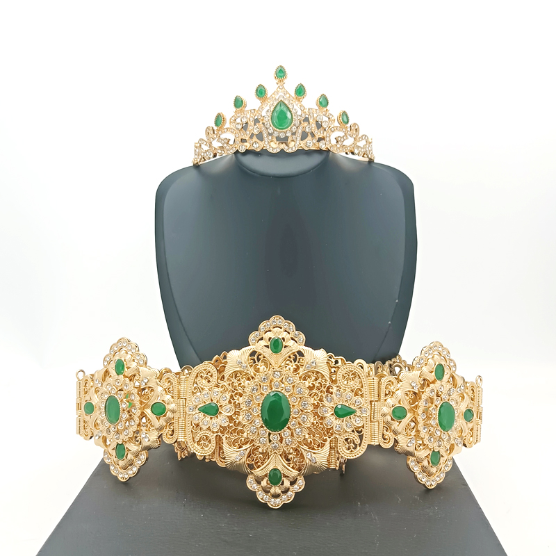 Abaya Metal Waist Chain for Women's Wedding Dress Body Jewelry Gold Moroccan Belt Adjustable Length Bridal Hair Jewelry Set: Set 1