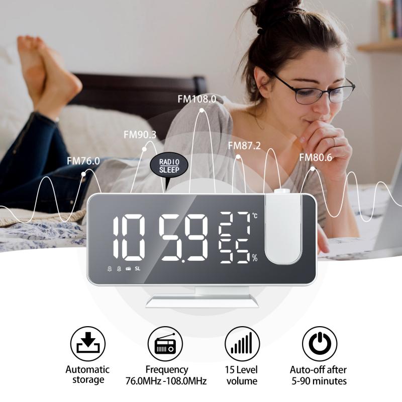 LED Smart Digital Alarm Mirror Clock Projection Temperature Projector Display Multifunctional Smart Alarm Clock 7.5Inch