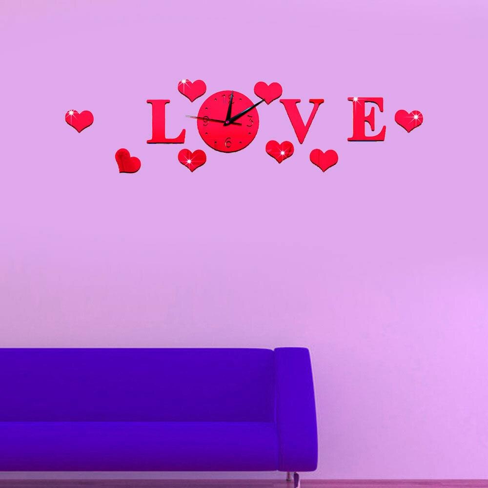 Creatieve 3D Spiegel Effect Stickers Wandklok Liefde Decals Woonkamer Decoratie