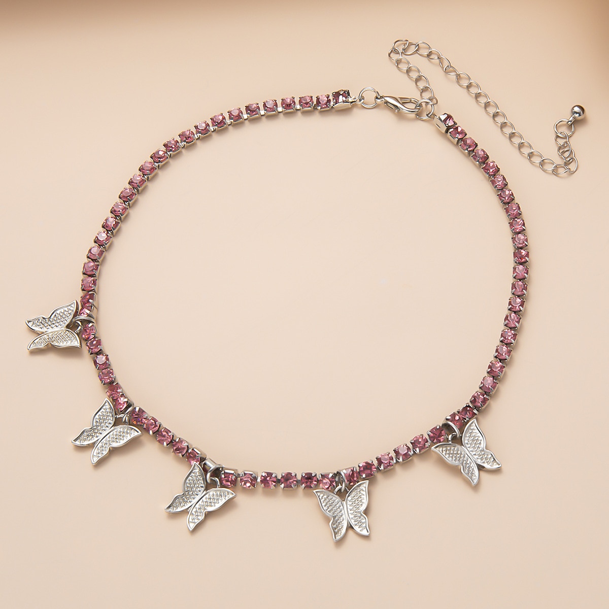 COLLAR COLGANTE gargantilla de mariposa de cristal con diamantes de imitación brillantes para mujer, de cadena de joyería Punk de de aniversario de para mujer: Pink Silver