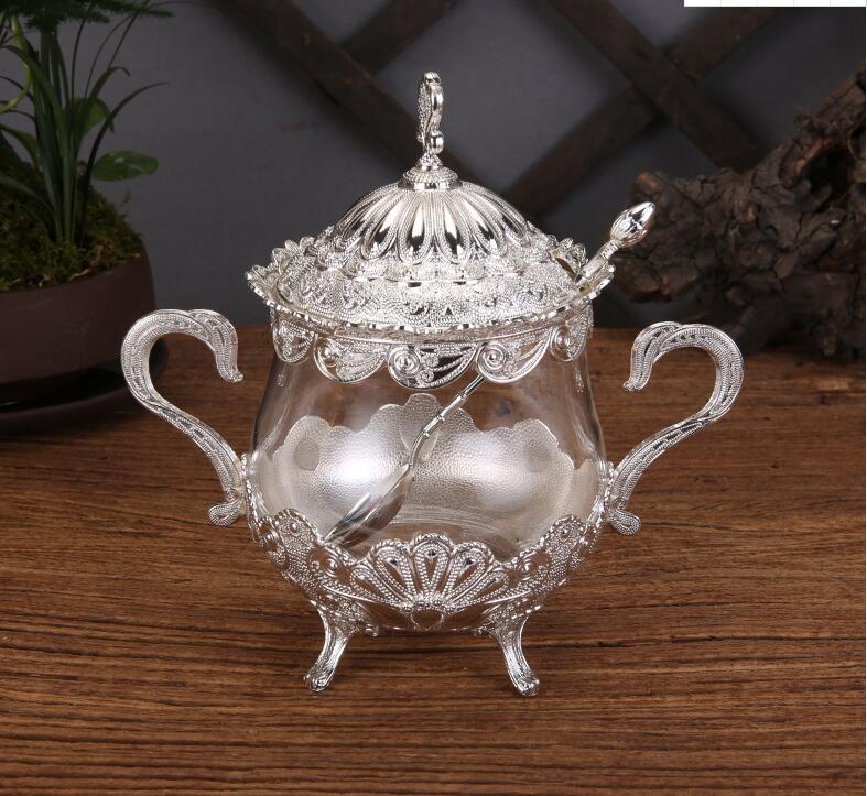 gold/silver glass jars with lids metal candy jar food container storage containers glass bottle glass container TWG012: silver plated