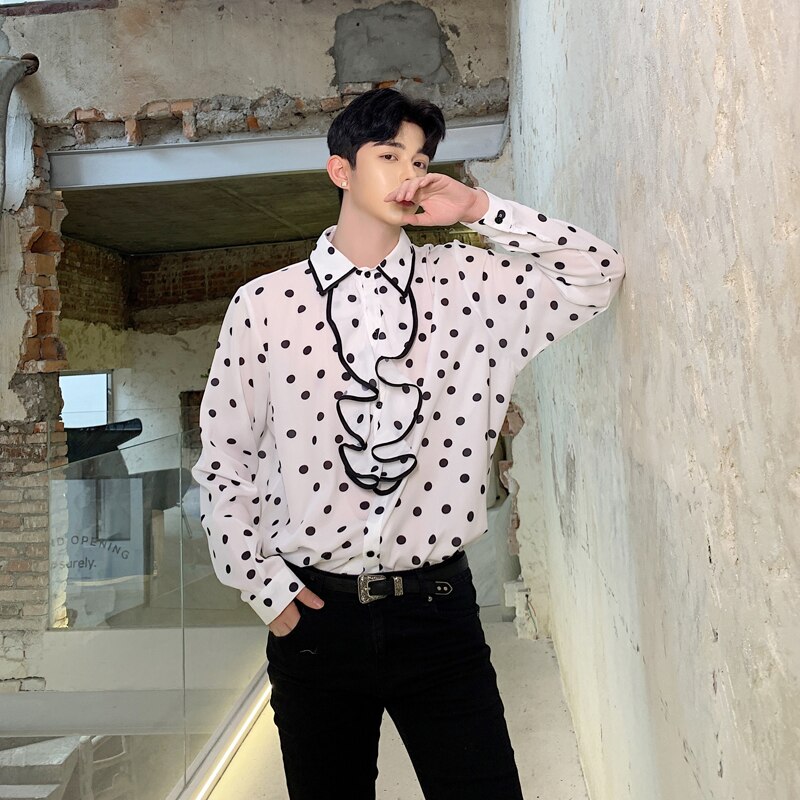 Male Streetwear Polka Dot Party Dress Shirt Men Vintage Ruffles Collar Long Sleeve Loose Casual Shirt Stage Lovers Clothes