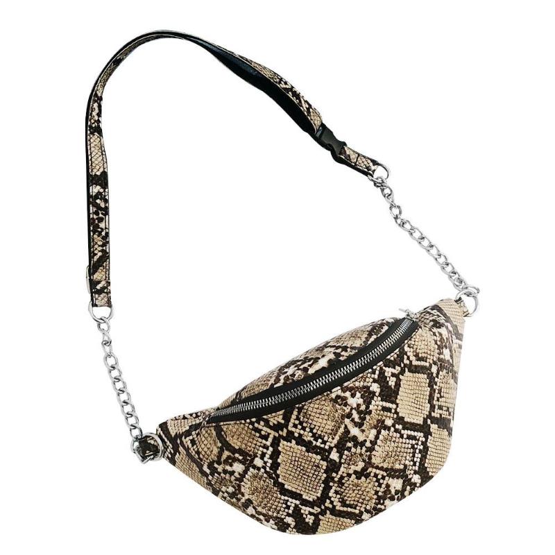 Slangenleren schoudertassen voor dames, taillekettingtassen voor dames, pu-leren casual crossbodytassen: Bruin