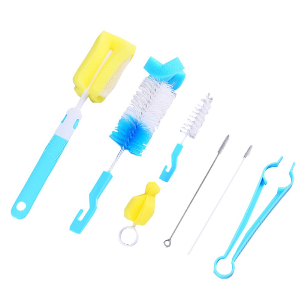 ! 7 pièces ensemble de brosses de biberon éponge nettoyage tasse brosses bouteilles pour bébés Kit de nettoyage de Tube anti-rayures: blue