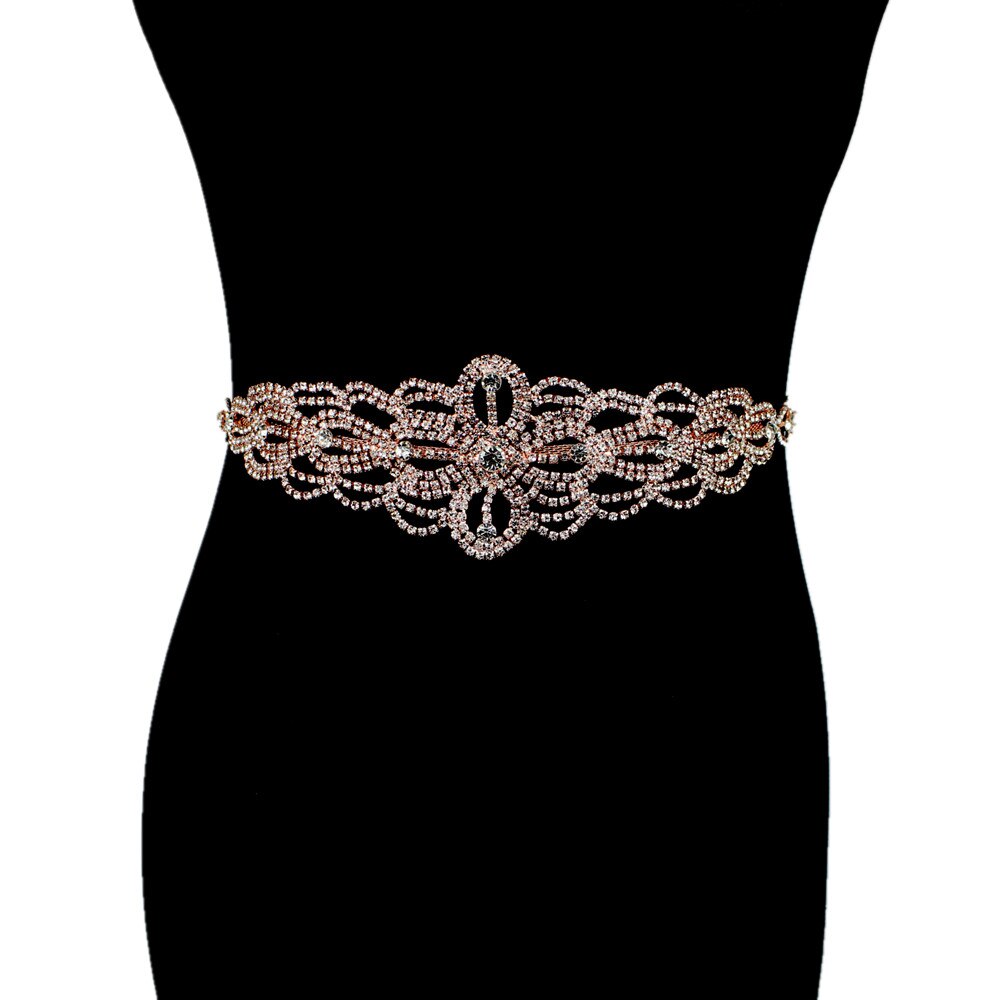 Vintage silver strass brudbälte skärp för bröllopsklänning bröllopsbälte med lyxig kristall totalt handgjorda brudband bälte: Bälte i rosa guld 1