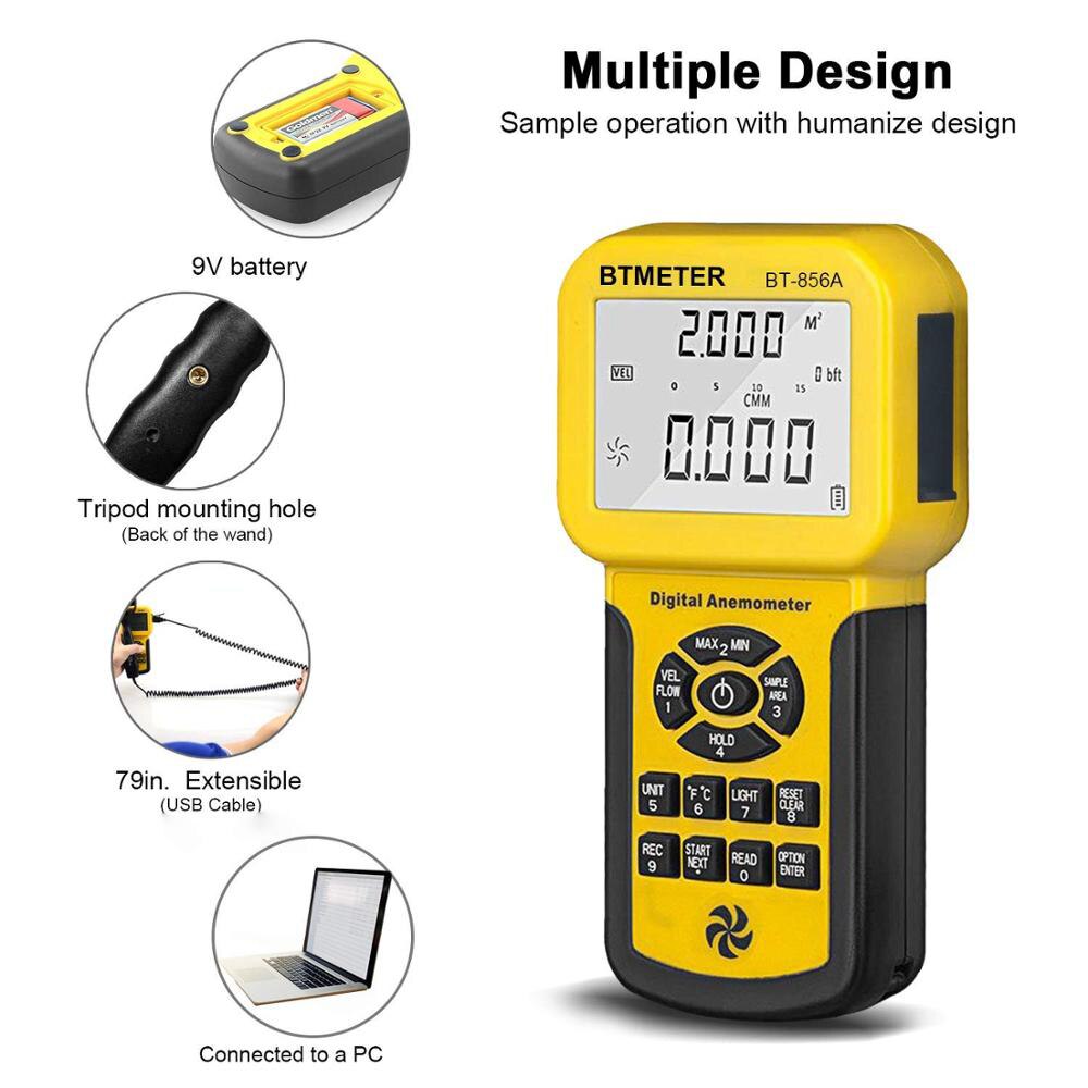 Bt -856a digitalt anemometer pro cfm måler vindhastighed vindgennemstrømning, vindtemp for hvac luftstrømshastighedsmåler med baggrundslys usb