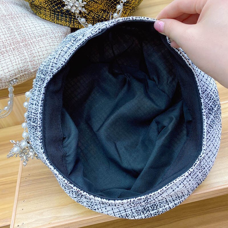 Dam basker vintermössa tweed rutig baskermössa kvinnliga pärlor trimmade baskrar kepsar dam justerbara höst vinter målarhattar