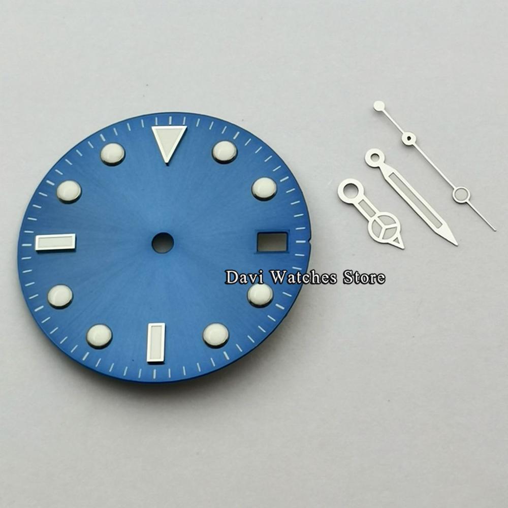 Esfera de reloj estéril de 28,5mm + manecillas de reloj plateadas compatibles con movimiento NH35, accesorios de reloj