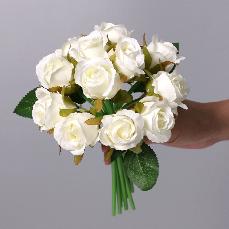 12Pcs Artificial Flowers Rose, Silk Roses Bridal Wedding 1 Bouquet Decoration Home Office Party Decor Arrangements: White