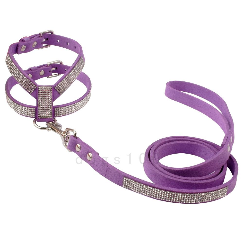 Suede Rhinestone Dog Harness en Leash Set Zachte Diamante Pet harnas en Lood Stap In Voor Kleine Middelgrote Honden Chihuahua Yorkshire: Paars / S