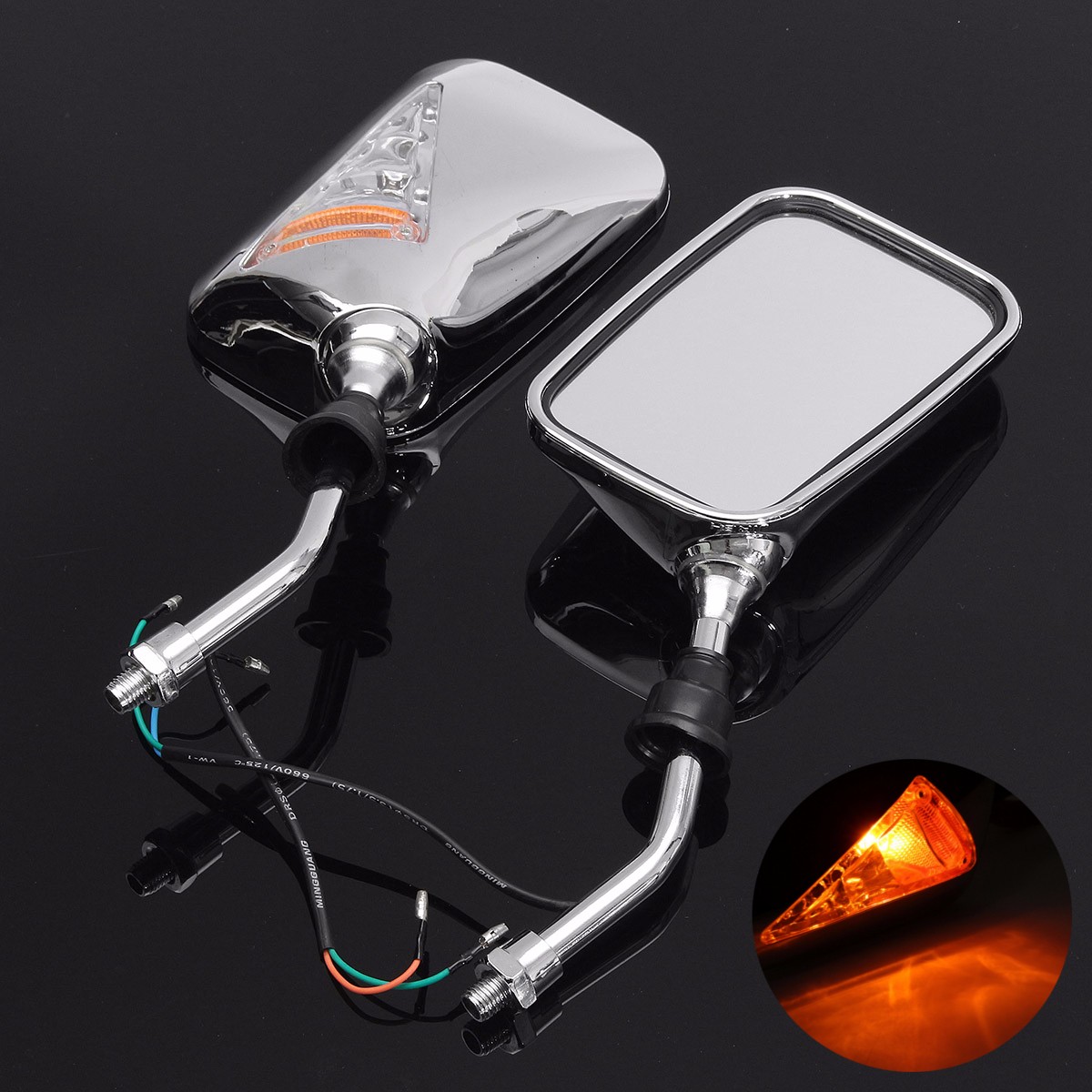 12V Universal for Motorcycles Scooters ATVs Pair Chrome Motorcycle Rearview Side Mirrors with Turn Signal Indicator Light Amber