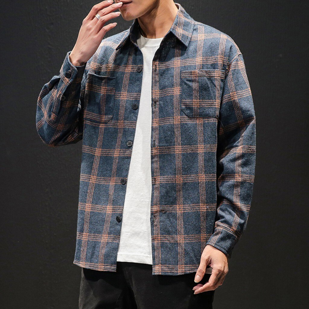 Herr rutiga skjortor i stil man blå brun rutiga långärmade skjortor herr oversized topp skjorta plus size bekväma