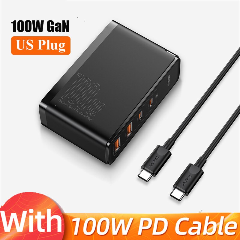 Caricabatterie Baseus GaN 100W PD QC 4.0 3.0 caricatore rapido USB tipo C caricabatterie rapido USB C per iPhone 12 Pro Max Macbook: Black US Plug-4ports